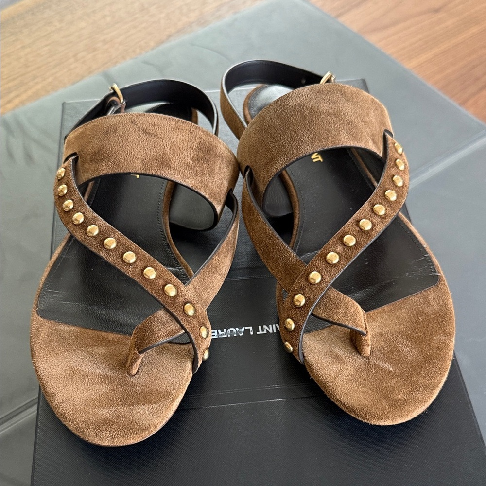 Saint Laurent Brown Suede Sandals with Gold Studs